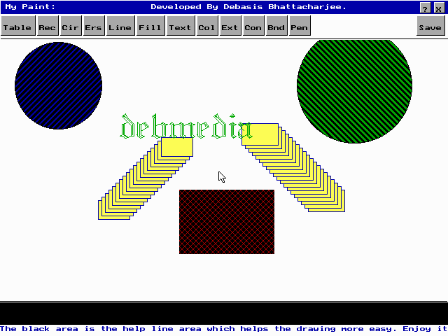 A paint program with a toolbar of small buttons, hatched circles, stacked yellow rectangles, the word debmedia in a decorative font and a help line at the bottom
