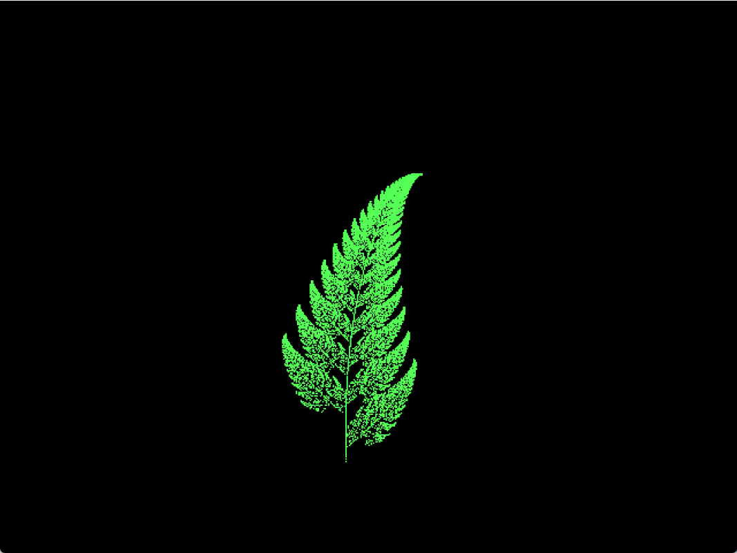 A green fern drawn from dots on a black screen