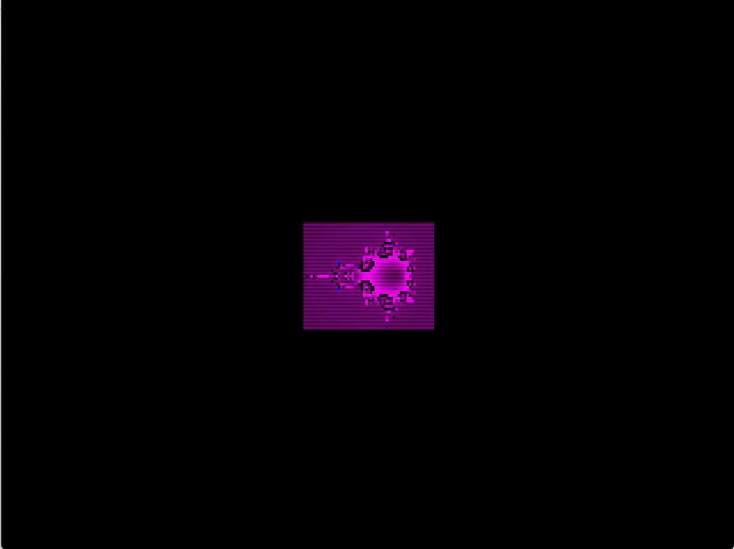 The Mandelbrot set drawn in magenta tones inside a small rectangle on a black screen