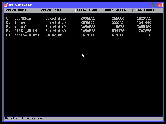 A My Computer window with columns for drive name, type, total size, used space and free space, listing drives C to G