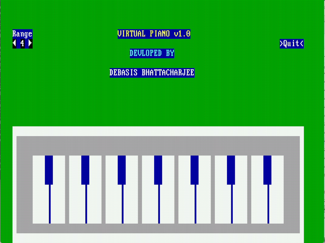 A green screen titled VIRTUAL PIANO v1.0 with a range selector, a Quit button and an on-screen keyboard