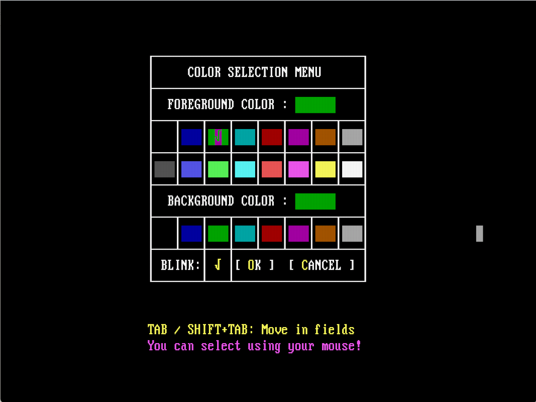 A text-mode colour selection menu with foreground and background colour rows, a blink option, and OK and Cancel buttons