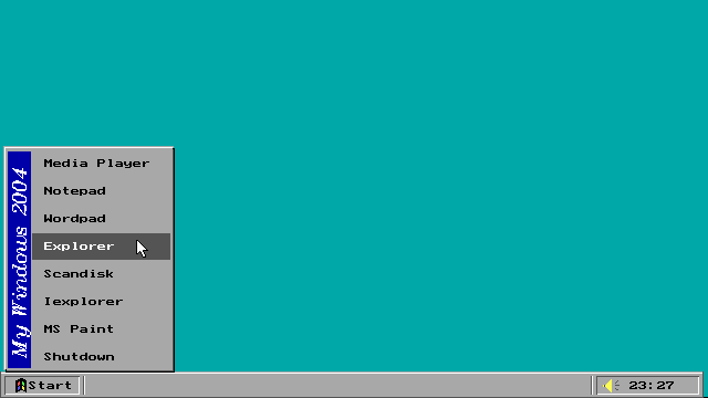 A teal desktop with an open Start menu listing Media Player, Notepad, Wordpad, Explorer, Scandisk, Iexplorer, MS Paint and Shutdown, above a taskbar with a clock