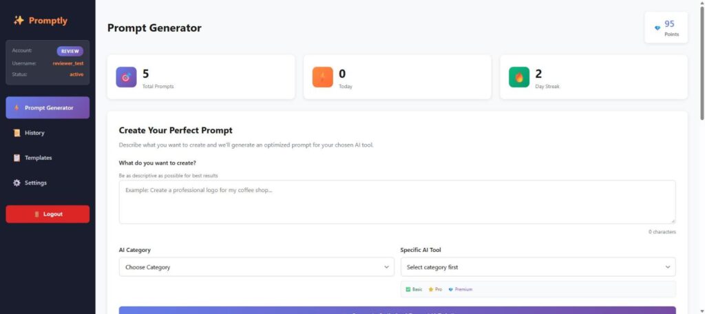 The Prompt Generator dashboard — tool selector, prompt input area, and points balance.