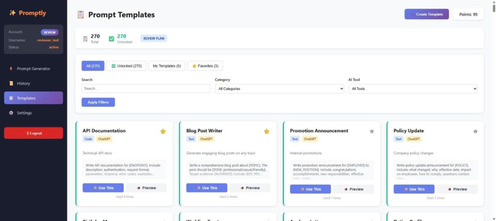 The template library — 270+ ready-made prompt templates with category filters and AI tool badges.