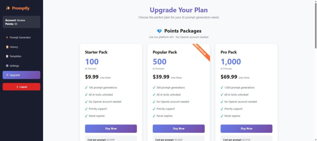 Points packages and pricing — one-time purchases, no subscription required.