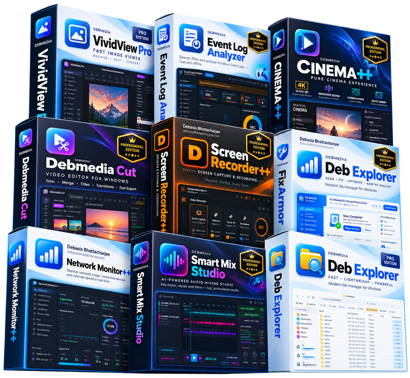 Debmedia Desktop Apps — VividView Pro, Event Log Analyzer, Cinema++, Debmedia Cut, Screen Recorder++, FixArmor, Deb Explorer, Network Monitor++, Smart Mix Studio