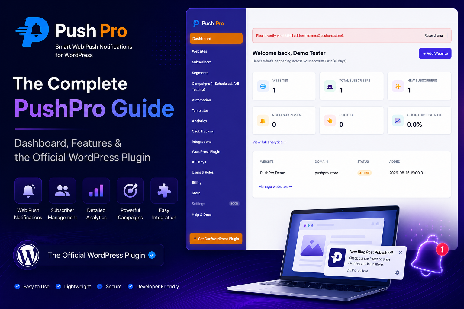 The Complete PushPro Guide: Dashboard, Features, and the Official WordPress Plugin