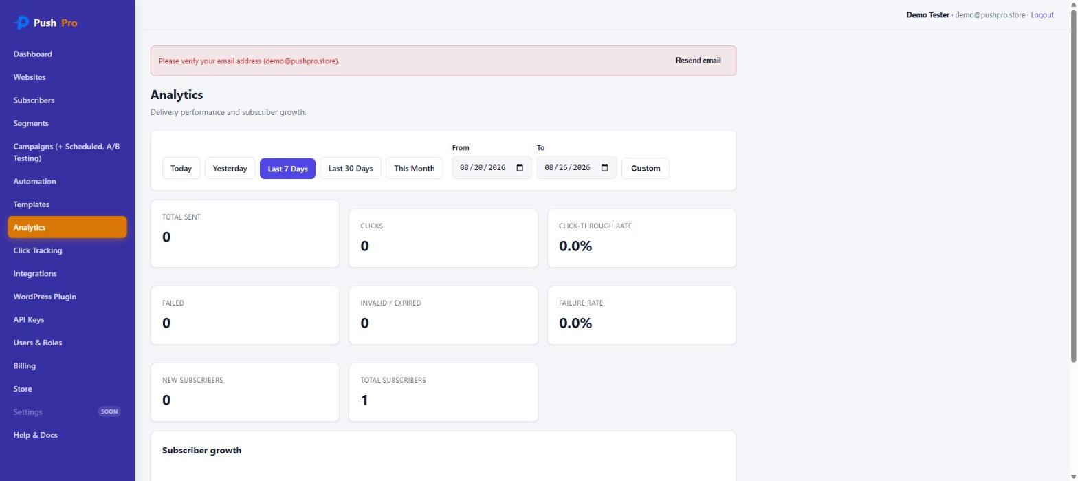 PushPro Analytics page showing date range selector and KPI cards for total sent, clicks, click-through rate, failed, invalid/expired, and subscriber growth