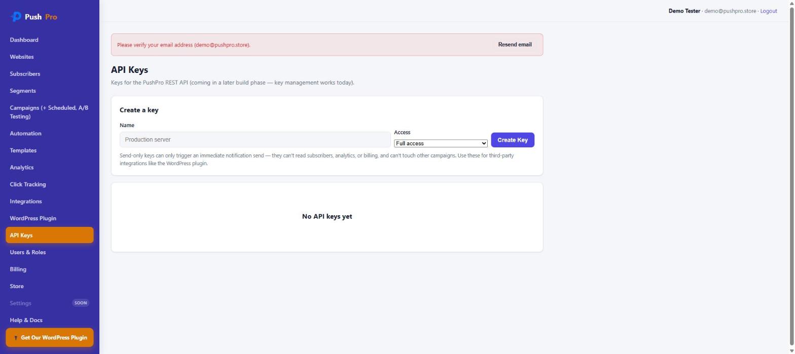 PushPro API Keys page with a Create a key form offering Full access or scoped access, and an explanation of send-only keys