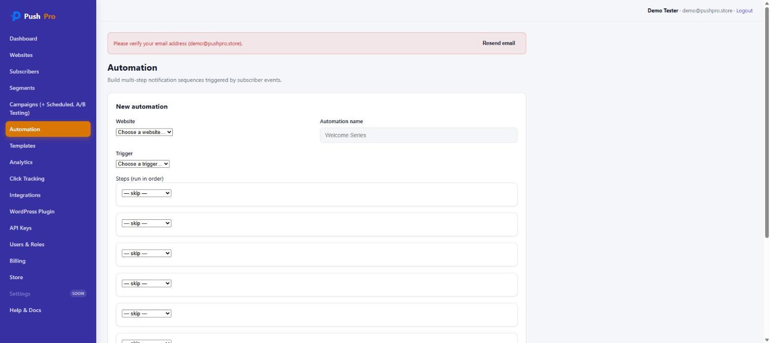 PushPro automation builder showing website, trigger selection, and a sequence of ordered steps