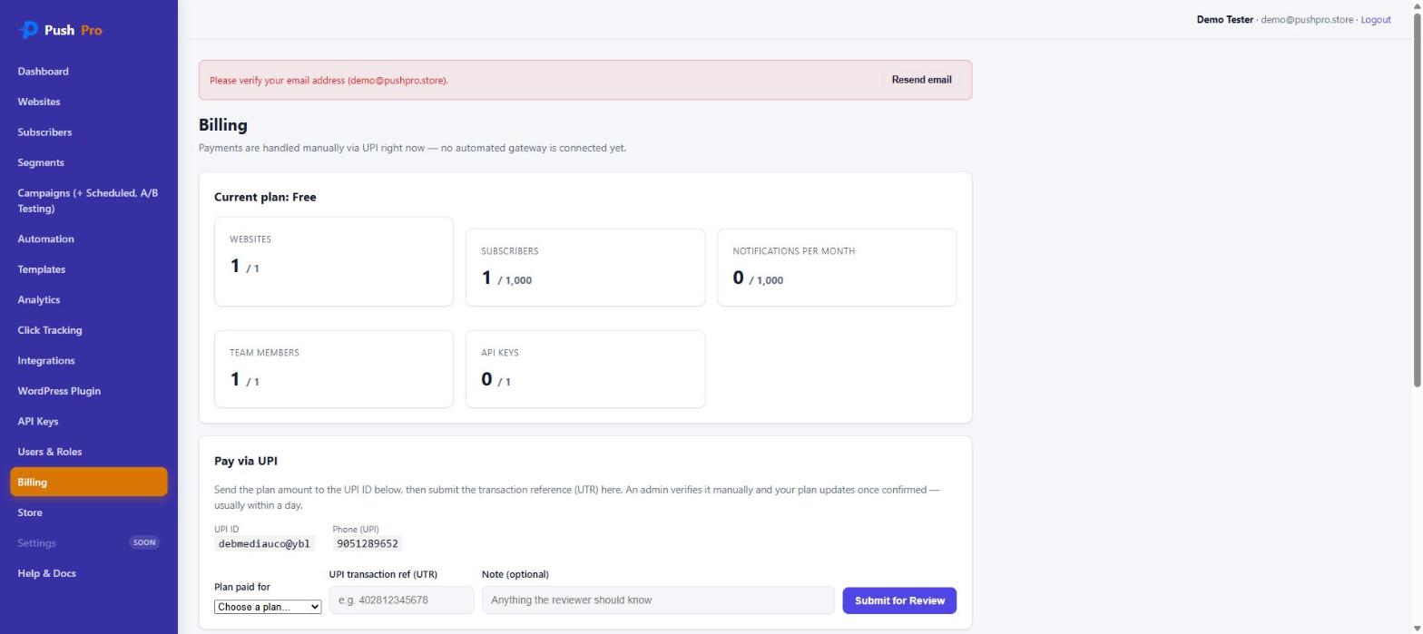 PushPro Billing page showing current plan usage against limits and a Pay via UPI submission form