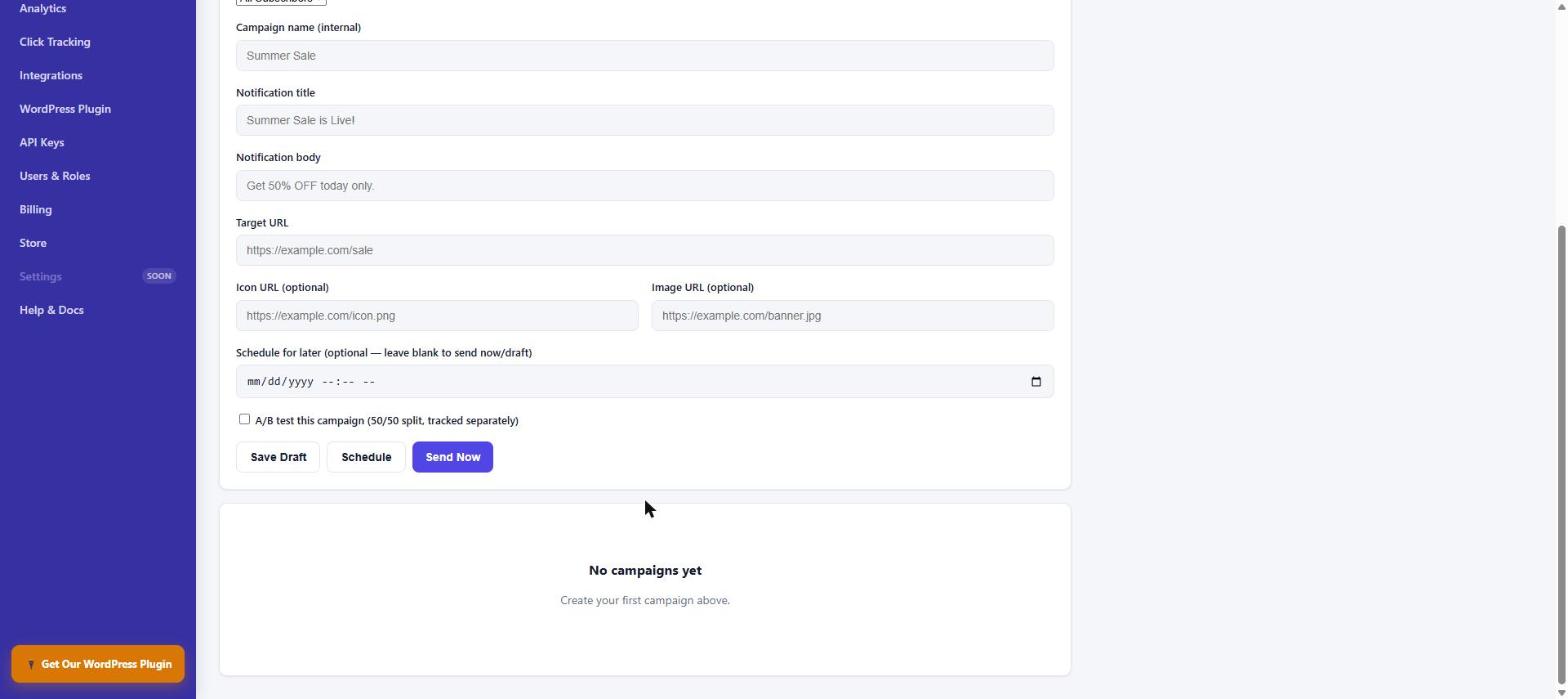 PushPro campaign scheduling options with Save Draft, Schedule, and Send Now buttons and an A/B test checkbox