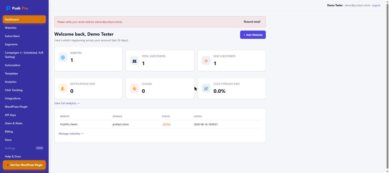 PushPro dashboard showing website count, subscriber totals, notifications sent, and click-through rate