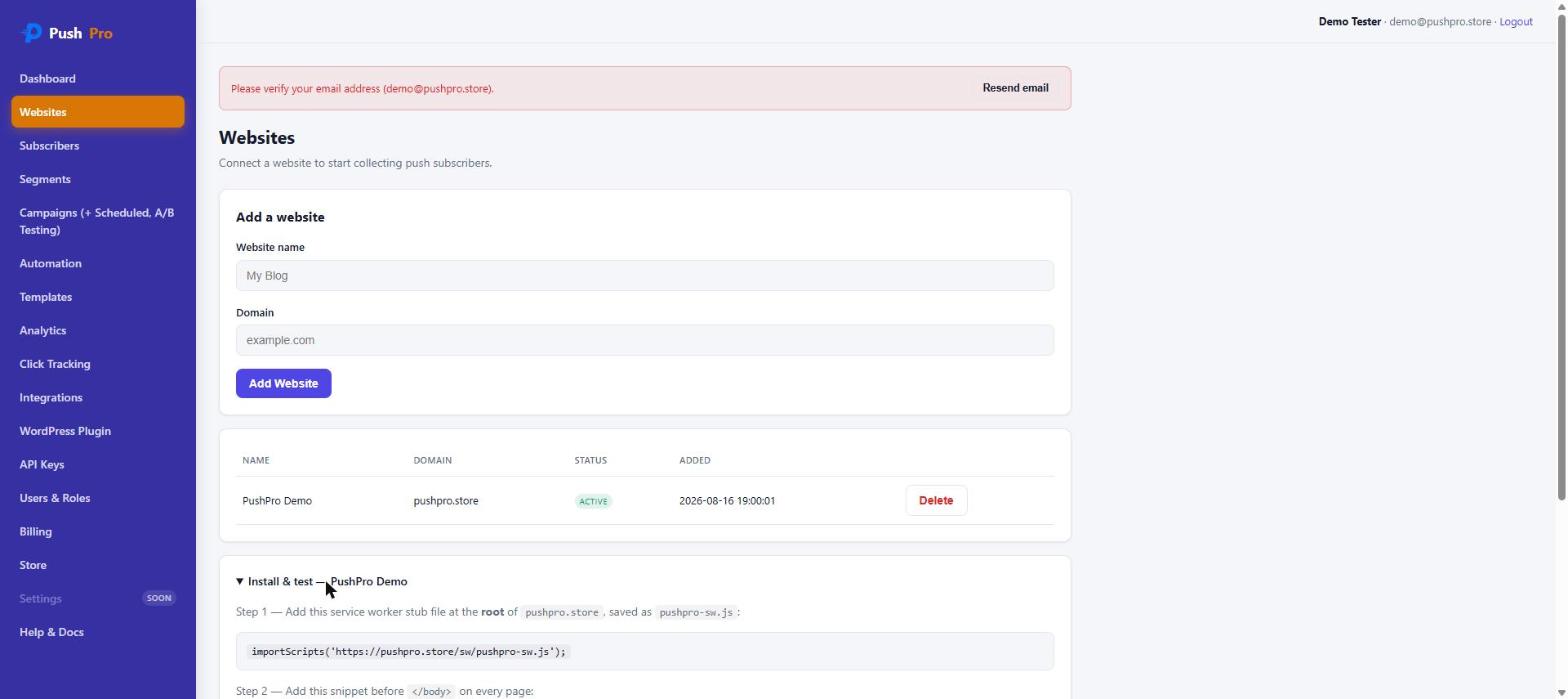 PushPro install and test panel showing the service worker stub file and SDK snippet to add to a website