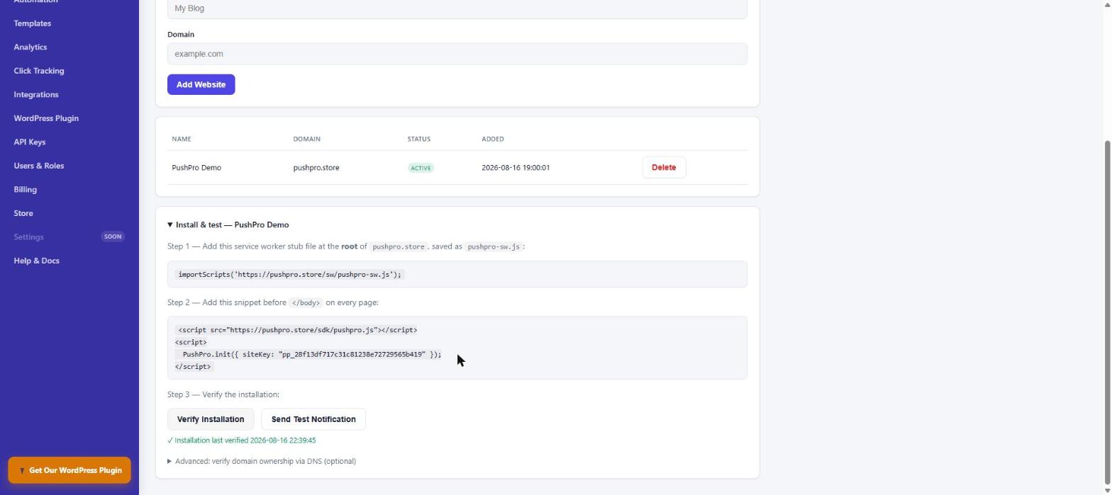 PushPro install verification showing Verify Installation and Send Test Notification buttons with a successful verification timestamp