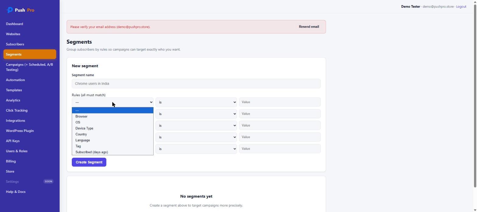 PushPro segment rule builder dropdown showing Browser, OS, Device Type, Country, Language, Tag, and Subscribed days ago options