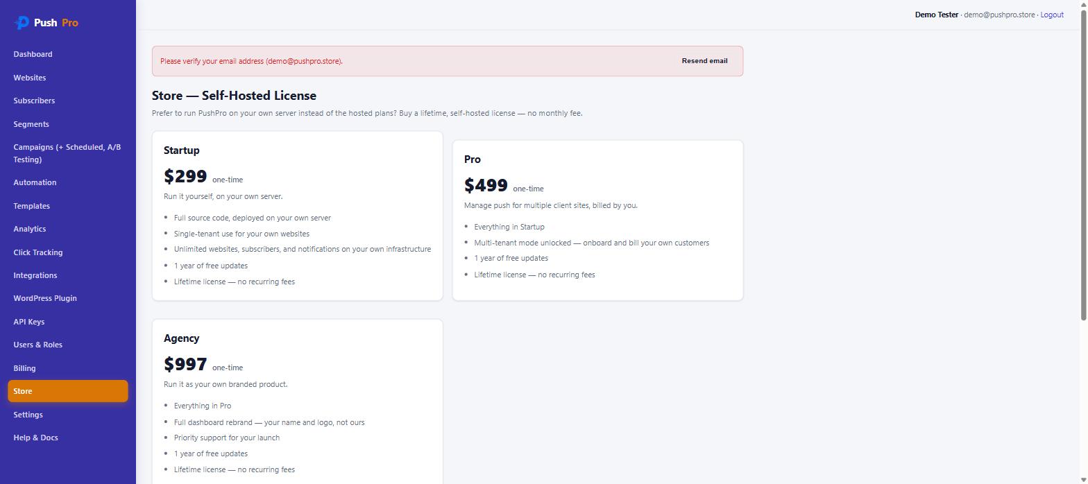 PushPro Store page showing Startup, Pro, and Agency self-hosted license tiers with pricing