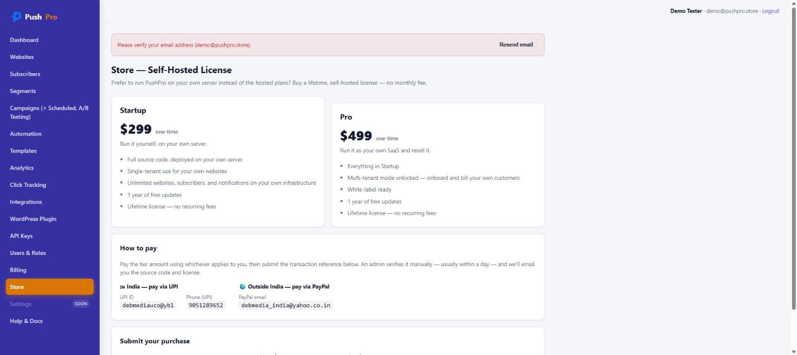 PushPro Store page showing Startup and Pro self-hosted license tiers with pricing and payment instructions