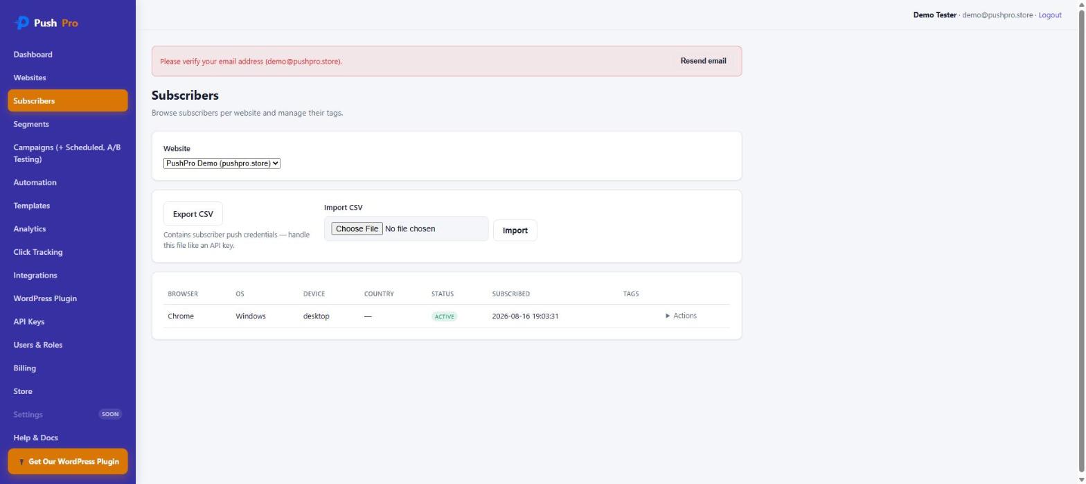 PushPro Subscribers page with Export CSV and Import CSV controls above a subscriber list