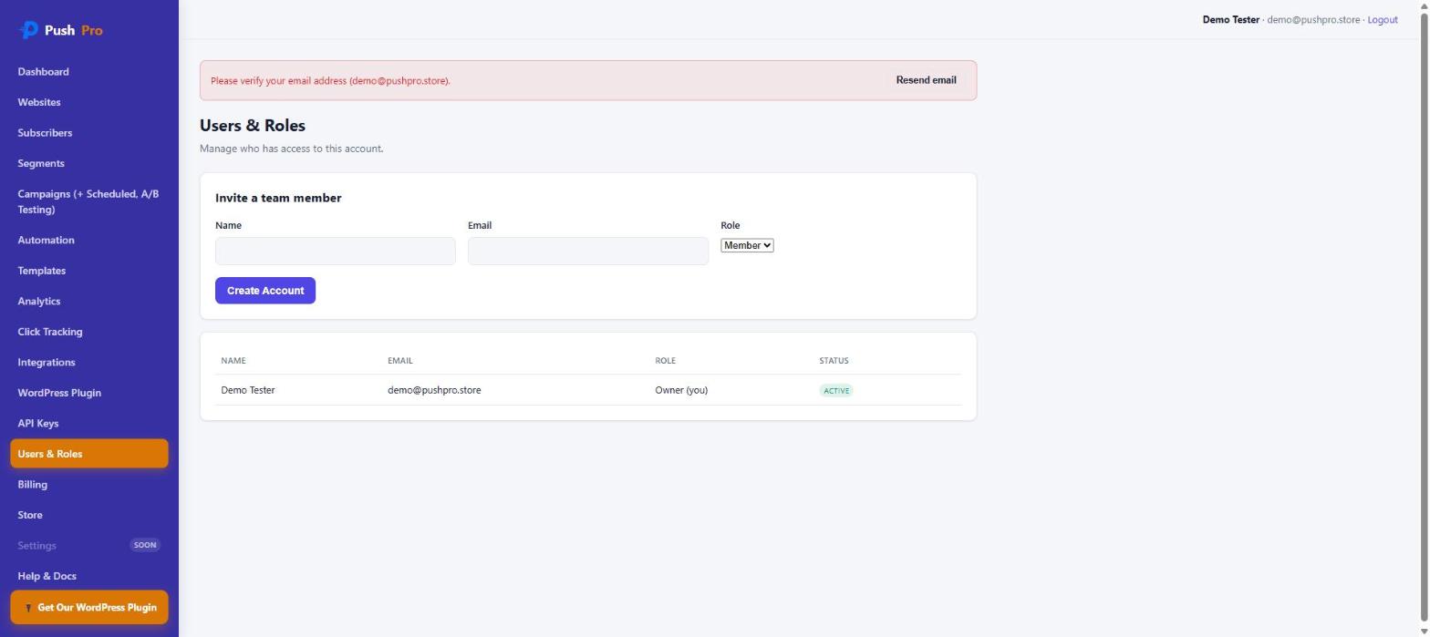 PushPro Users and Roles page with an invite-a-team-member form and a list of current account members