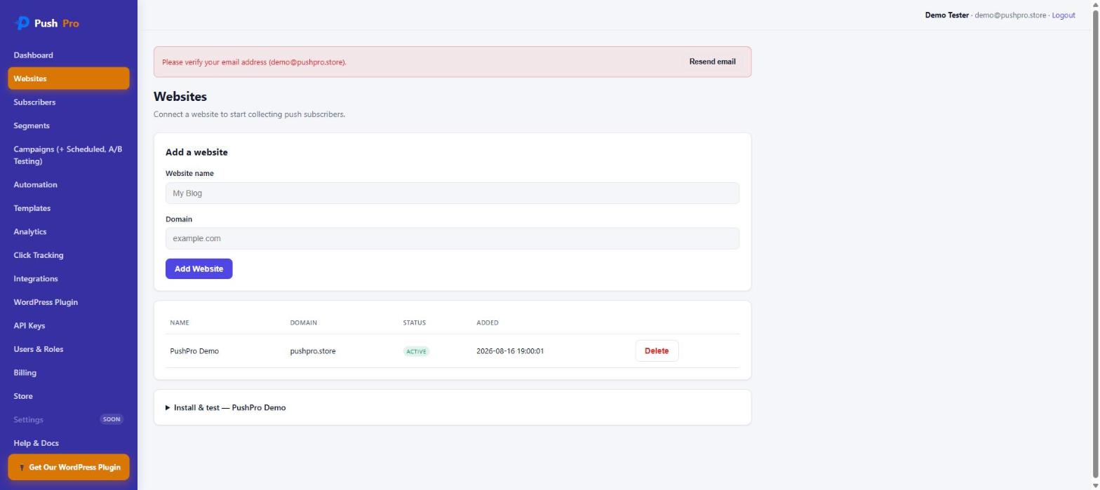 PushPro Websites page with the Add a website form and a connected website listed below