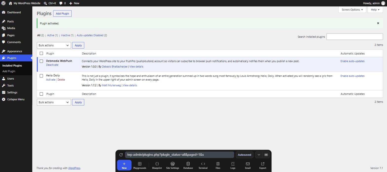 WordPress Plugins list showing a Plugin activated confirmation message with Debmedia WebPush now listed as active