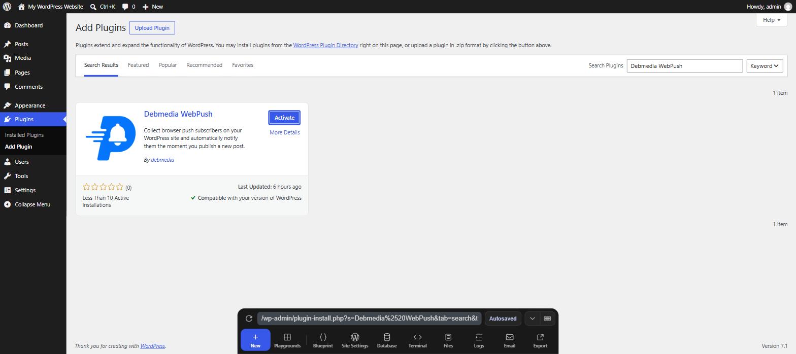 WordPress admin showing Debmedia WebPush plugin after installation, with the button now reading Activate