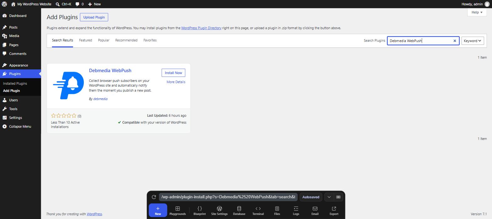 WordPress admin Add Plugins search results showing the Debmedia WebPush plugin with its icon, description, author, and an Install Now button