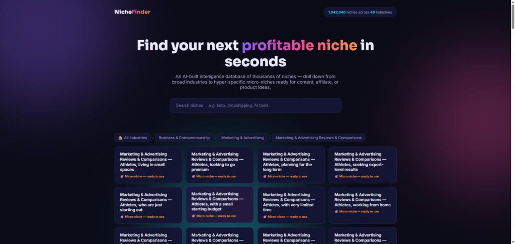 Ready-to-use micro-niches, each combined with a specific audience angle.
