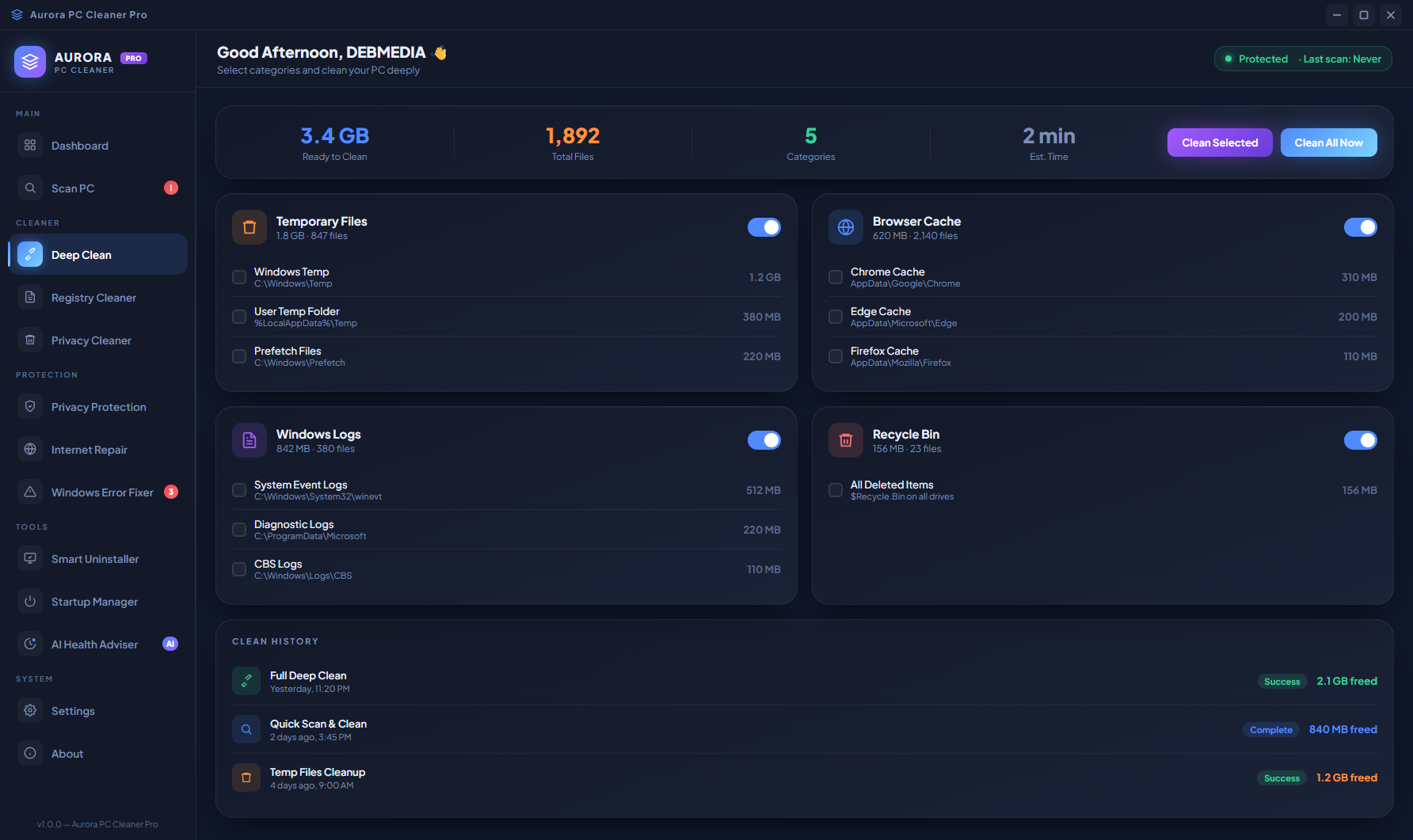 Aurora PC Cleaner Pro dashboard in a different system state showing updated health bars and junk totals reflecting the current PC condition