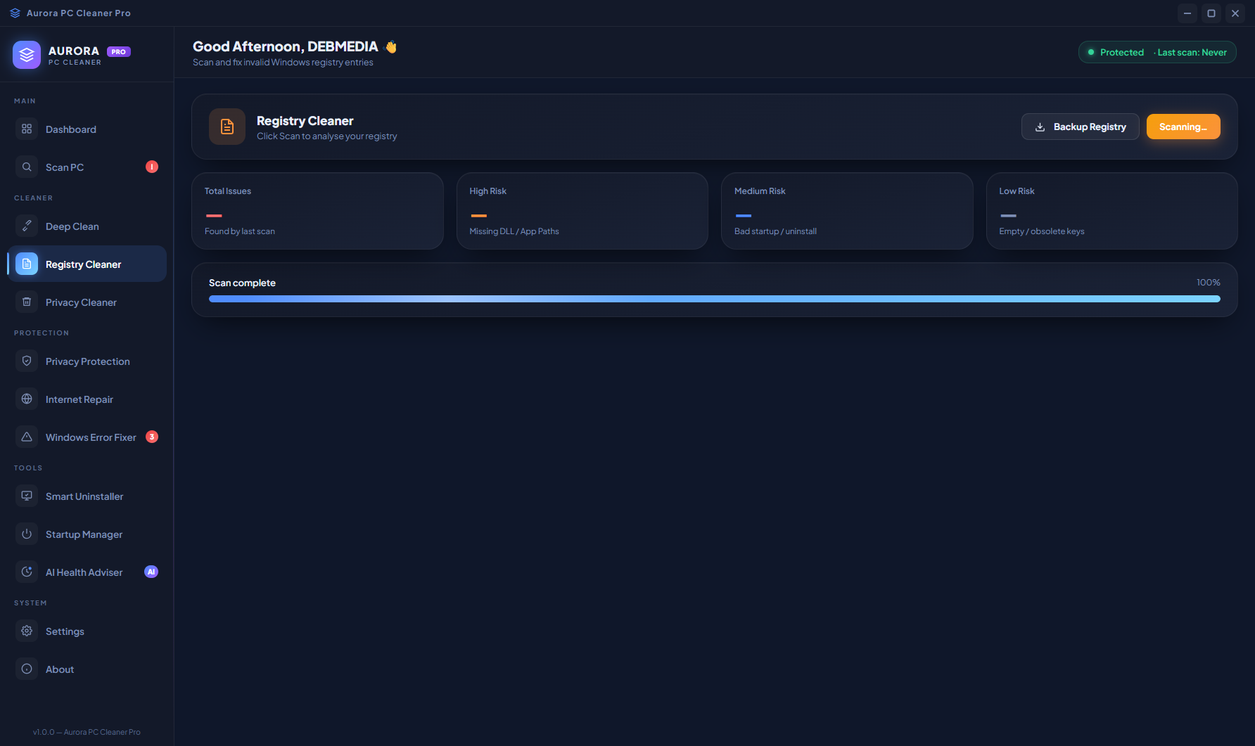 Aurora PC Cleaner Pro Registry Cleaner showing Backup Registry and Clean Registry buttons, four issue counters for orphaned entries, invalid paths, broken uninstallers and obsolete software keys, and a scan progress bar