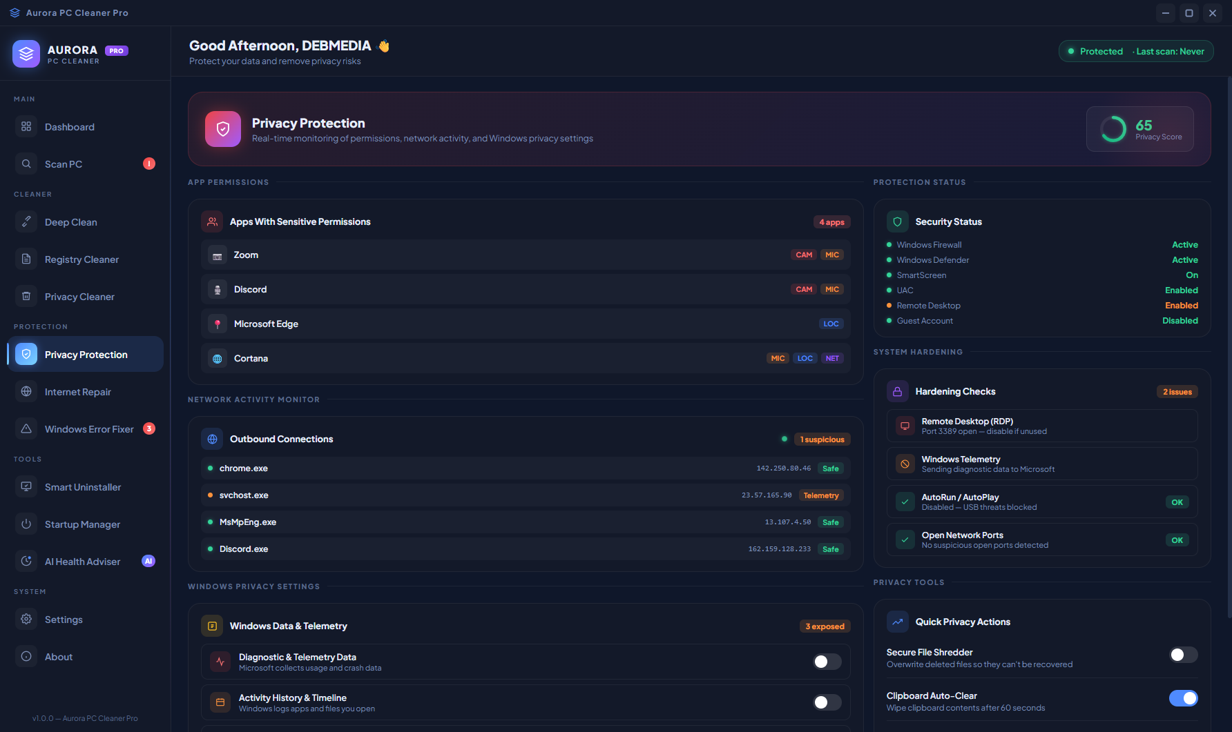 Aurora PC Cleaner Pro Privacy Protection showing Privacy Score 65, App Permissions audit table, Outbound Connections list and Security Status panel