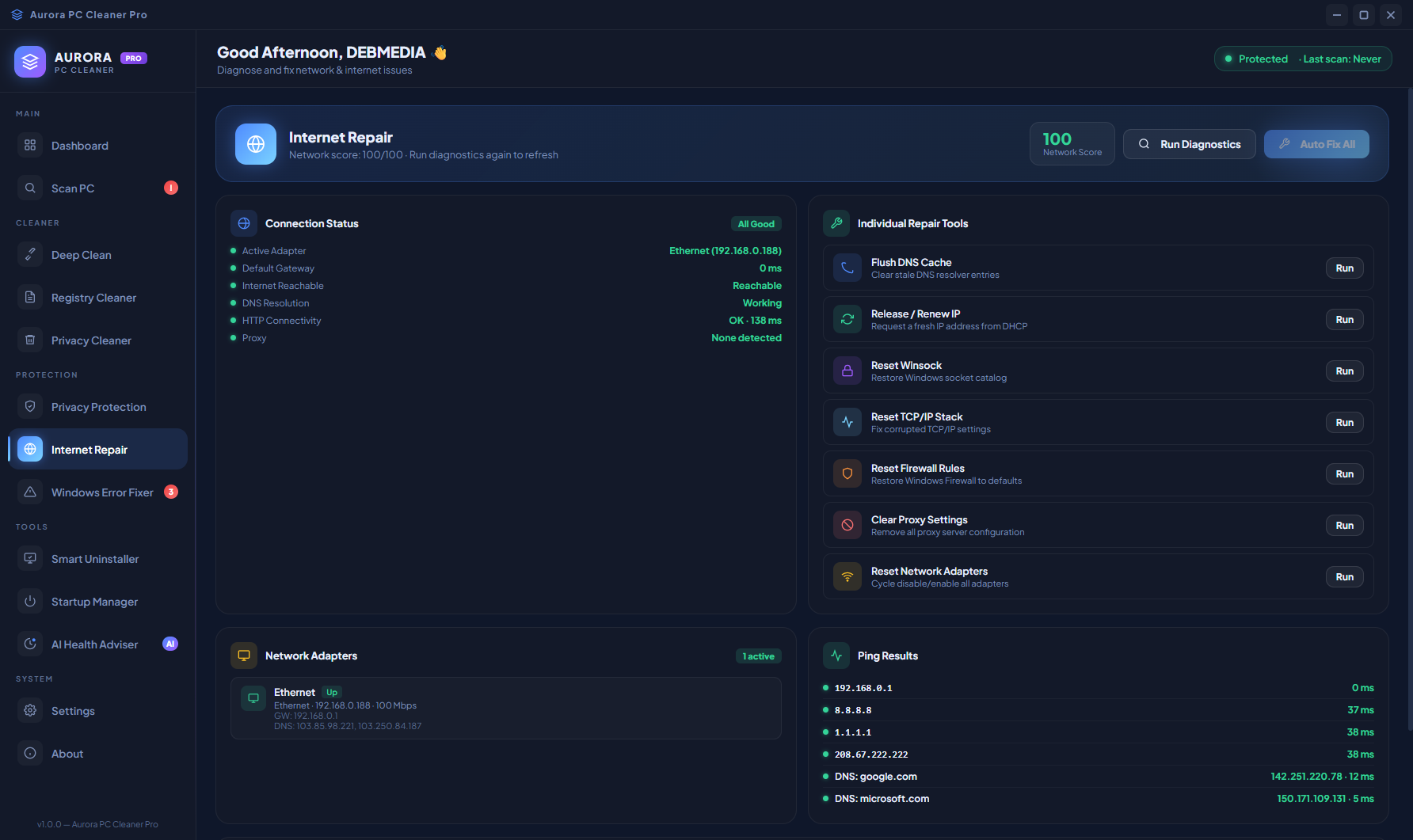 Aurora PC Cleaner Pro Internet Repair showing Connection Score 100, Connection Status checks, seven individual repair tools (Flush DNS, Reset TCP/IP, Reset Winsock, etc.) and Ping Results panel