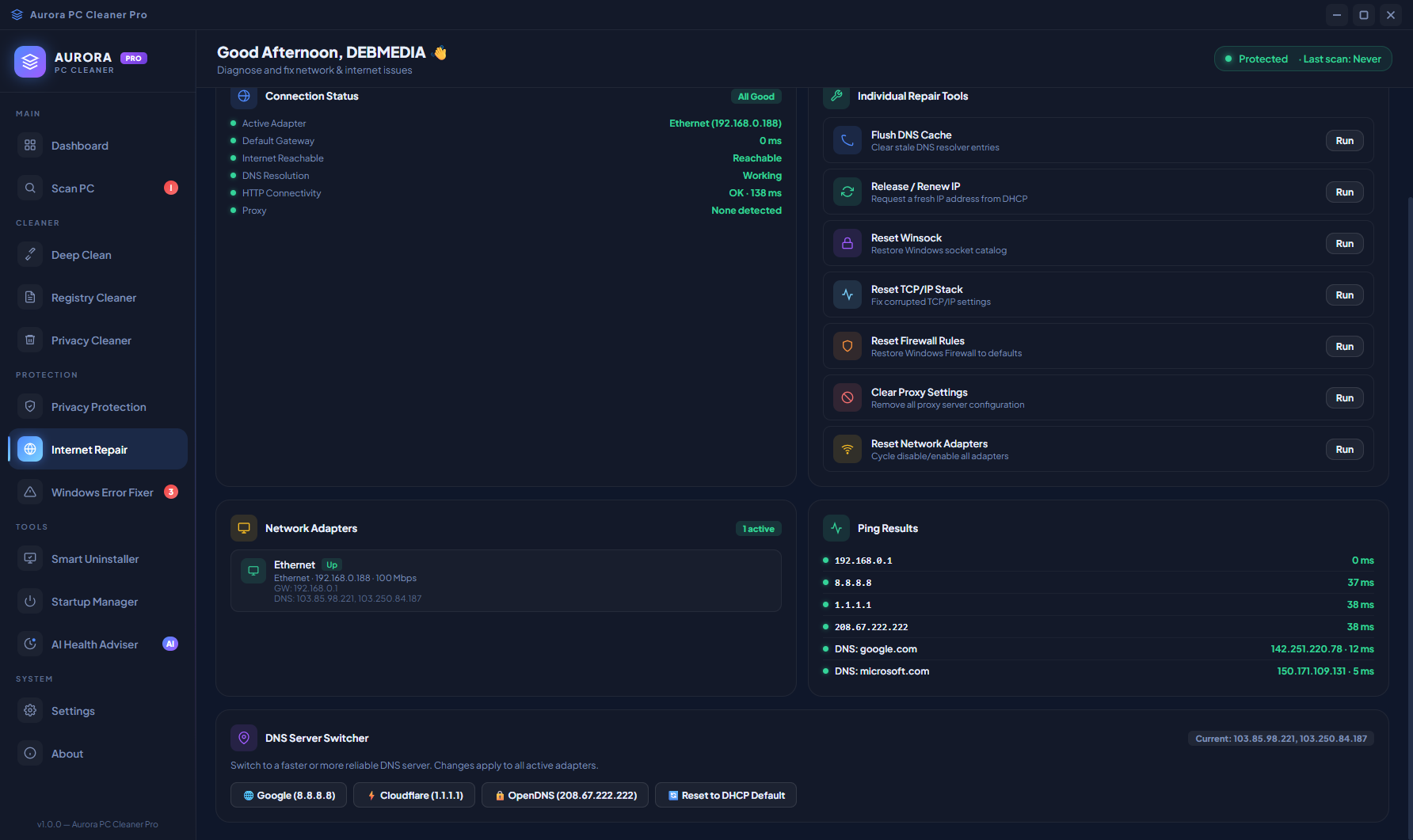 Aurora PC Cleaner Pro Internet Repair scrolled to show more network diagnostic details and repair tool descriptions