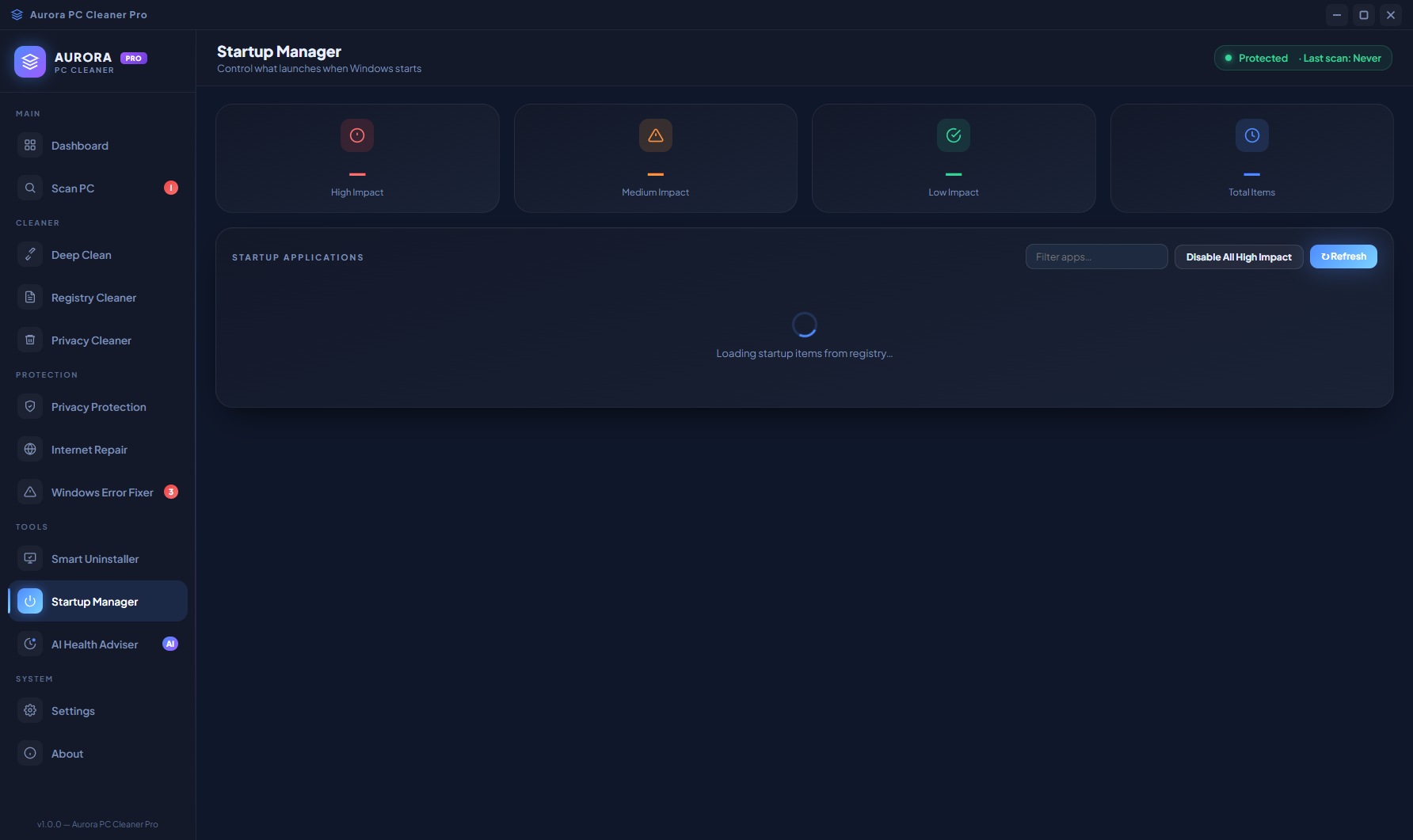 Aurora PC Cleaner Pro Windows Error Fixer showing completed scan with categorised results and fix buttons per category