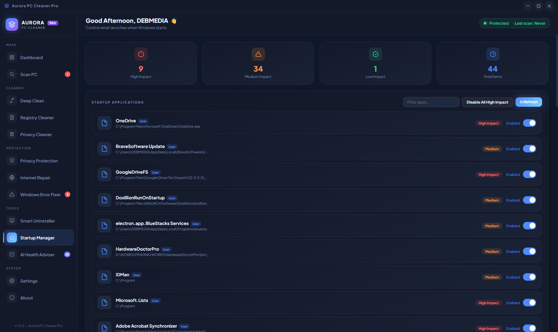 Aurora PC Cleaner Pro Startup Manager showing startup applications listed with impact levels (High/Medium/Low) and Enable/Disable toggles per app
