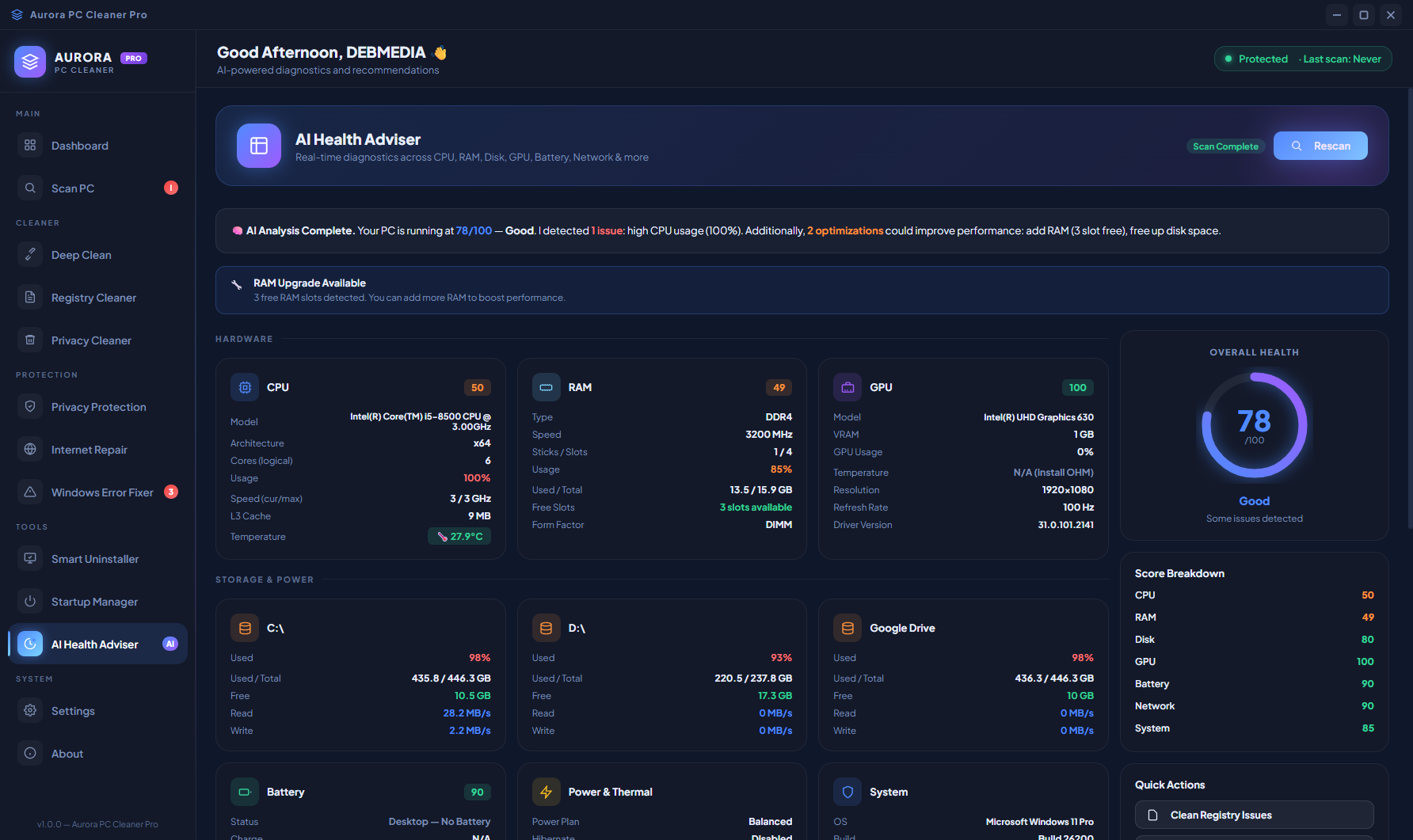 Aurora PC Cleaner Pro Startup Manager scrolled to show more startup entries with their publishers and impact ratings