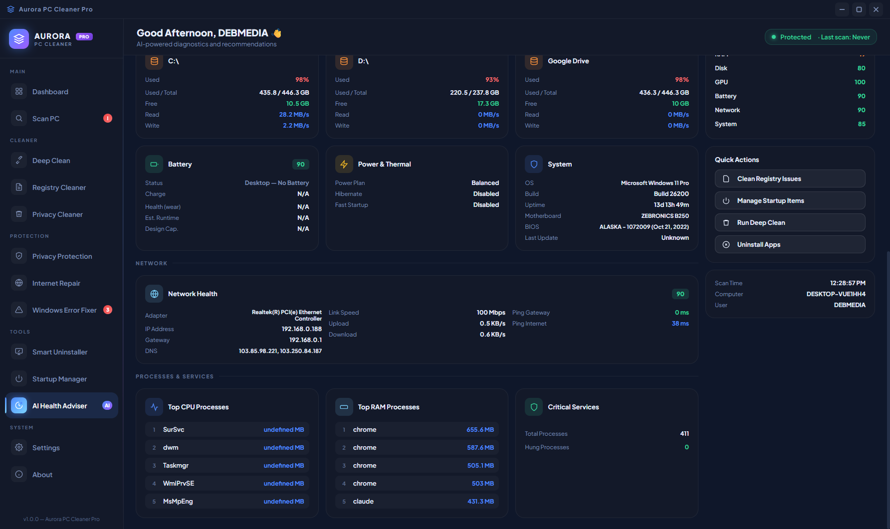 Aurora PC Cleaner Pro AI Health Optimizer showing storage analysis panels, network health score and top background processes list
