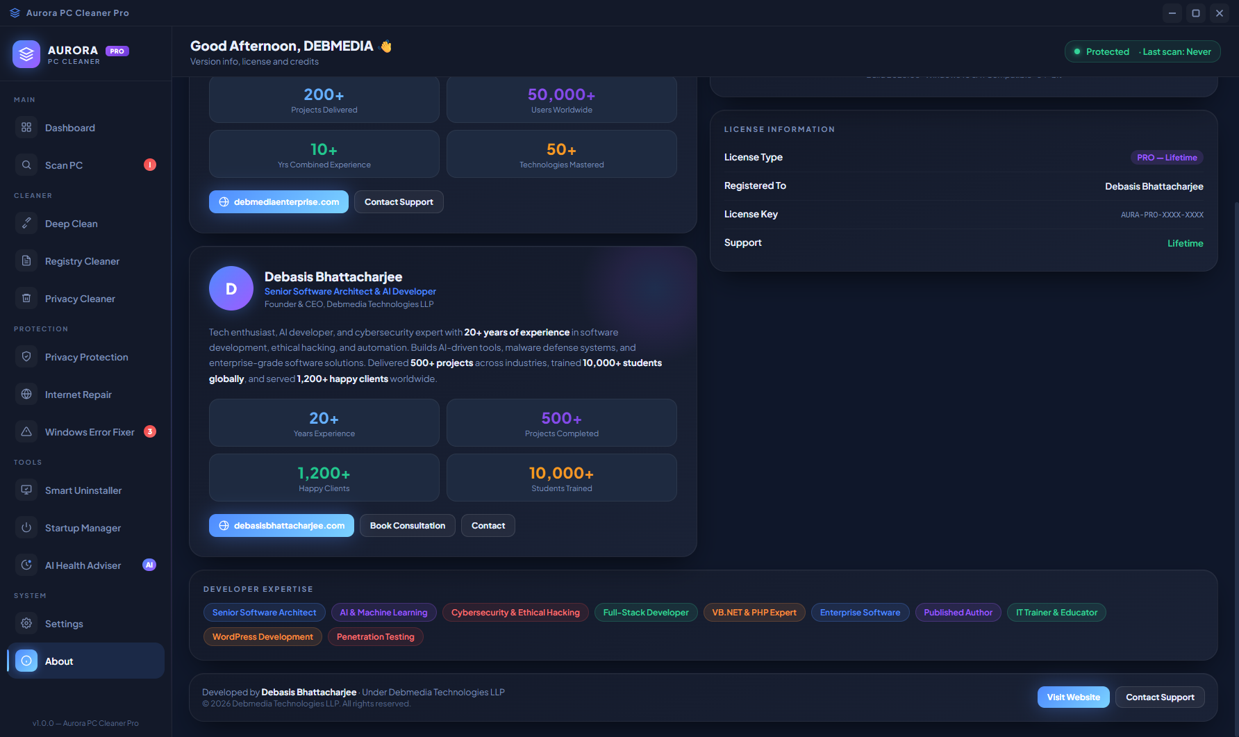 Aurora PC Cleaner Pro About screen showing developer bio for Debasis Bhattacharjee, Debmedia Technologies LLP, version information, usage statistics and license details