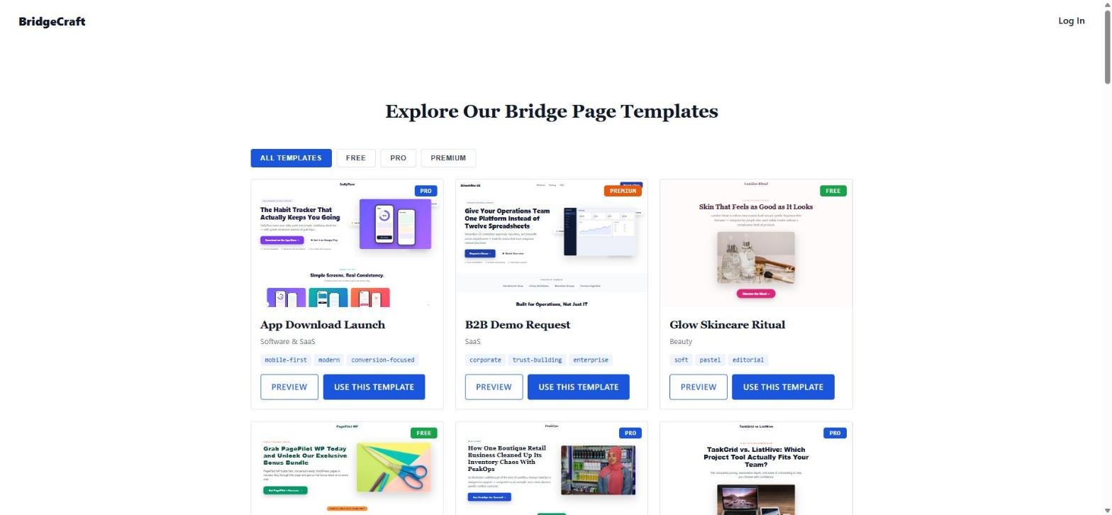 BridgeCraft template gallery with Free, Pro and Premium filters