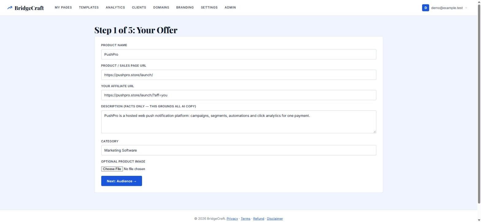 BridgeCraft wizard step 1 filled in with product name, URL, affiliate link and description