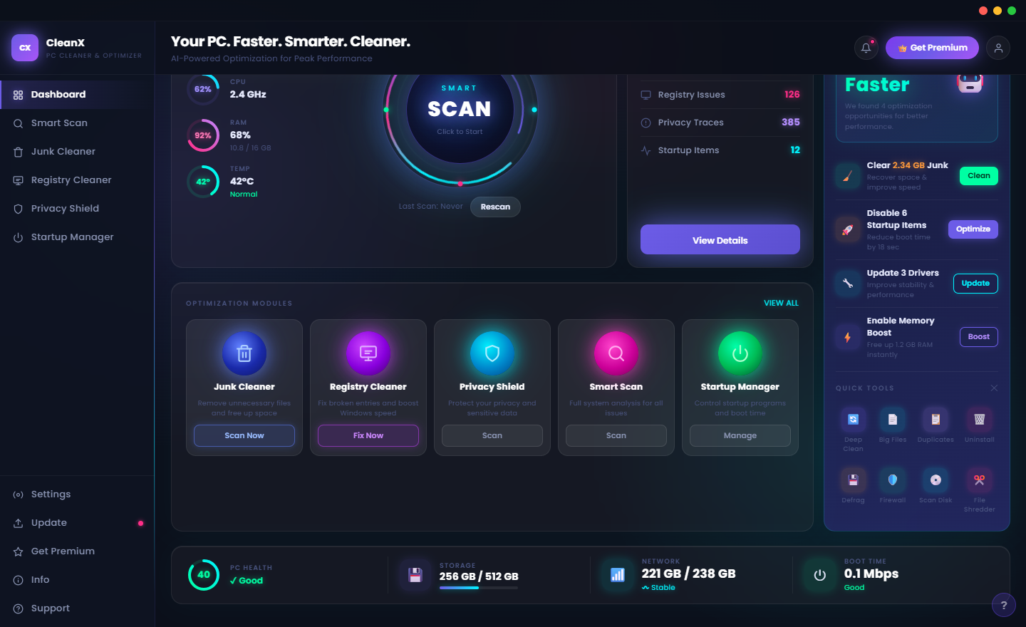 CleanX Smart Scan completed view showing scan results by category with fix buttons and a Fix All button to resolve all found issues at once