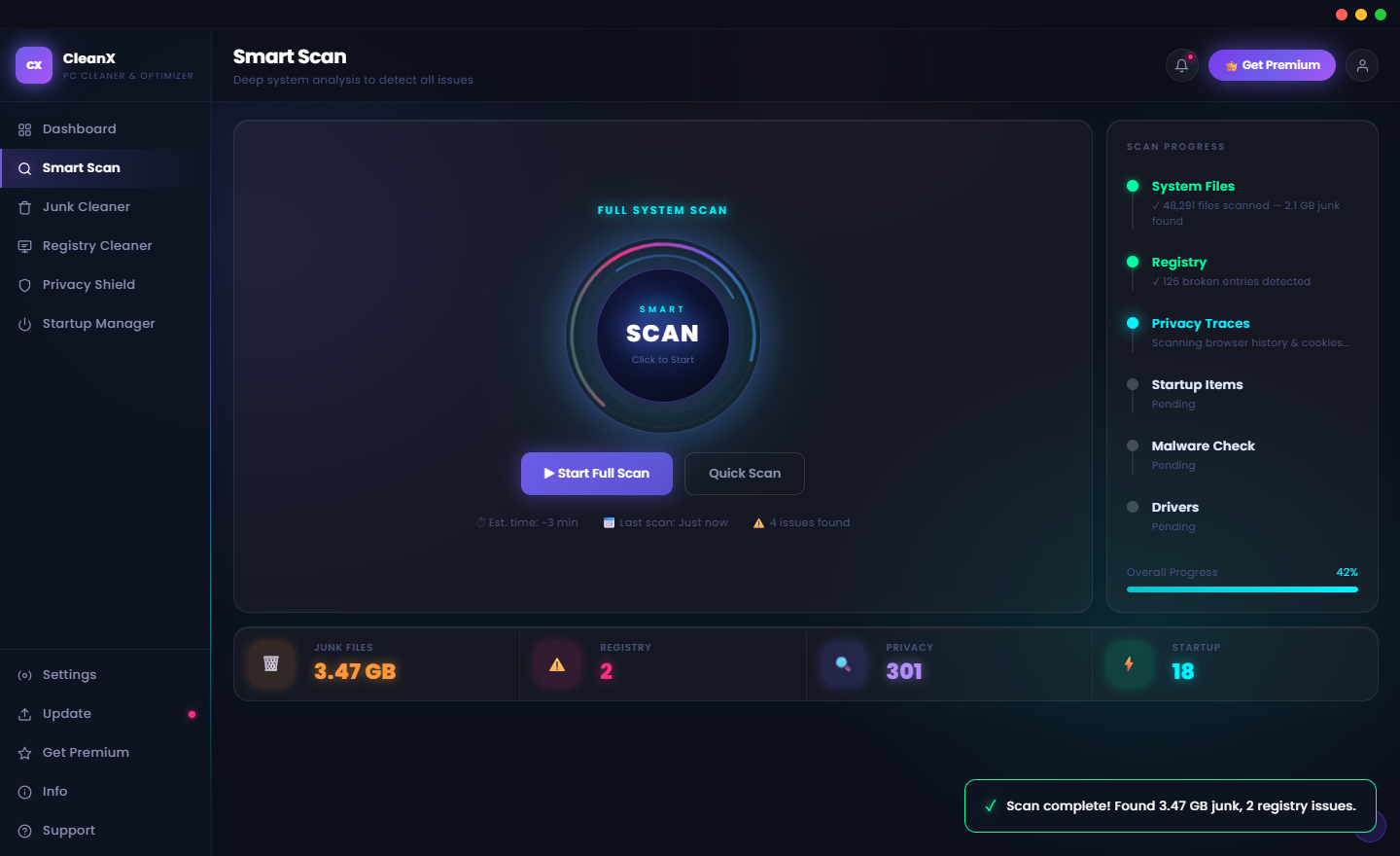 CleanX Junk Cleaner showing the cleaning progress animation as selected junk categories are being deleted