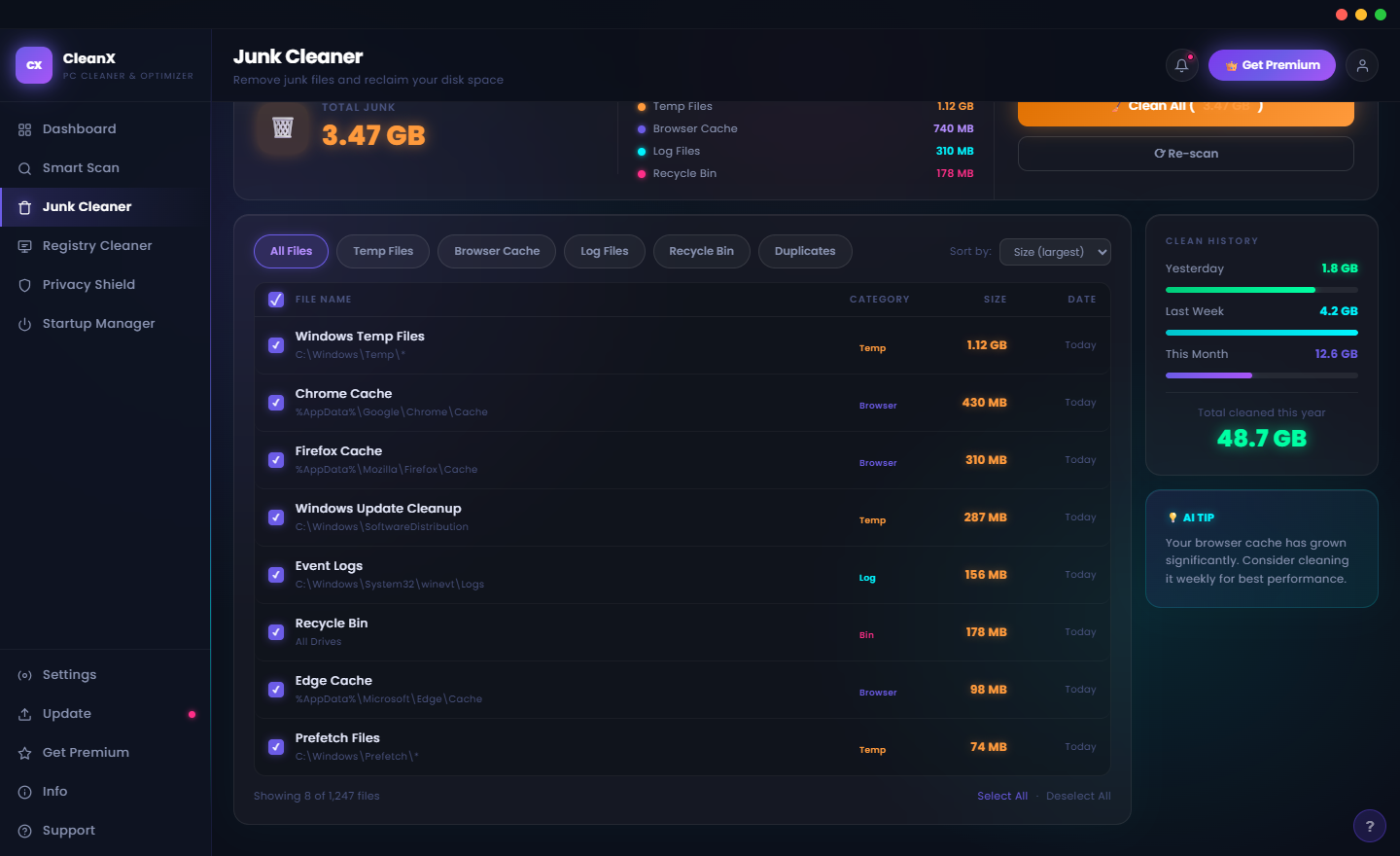 CleanX Registry Cleaner showing registry scan results with categorised issues: Orphaned Entries, Invalid Paths, Missing Shared DLLs, Obsolete Software Keys, and a Scan Now / Fix All interface