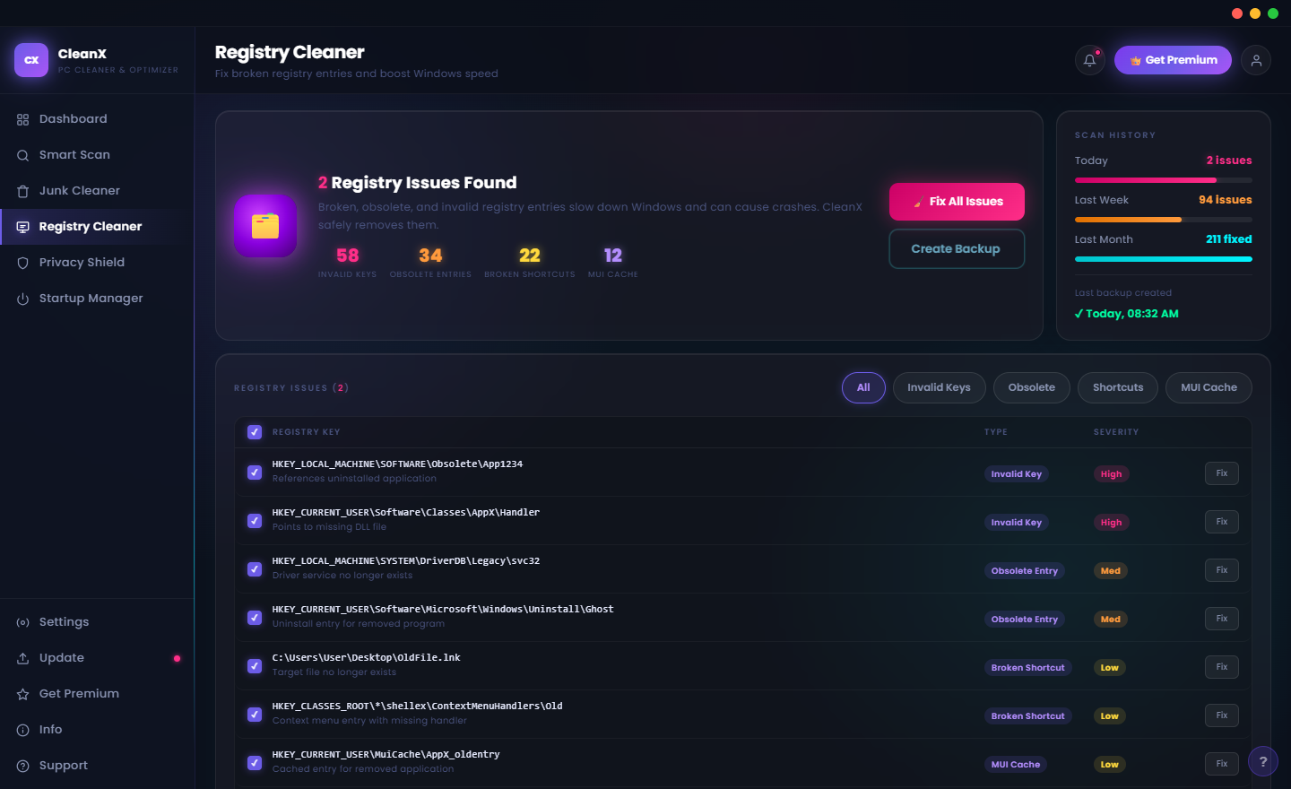 CleanX Registry Cleaner showing completed scan results with issue counts per category and the Fix Registry button active