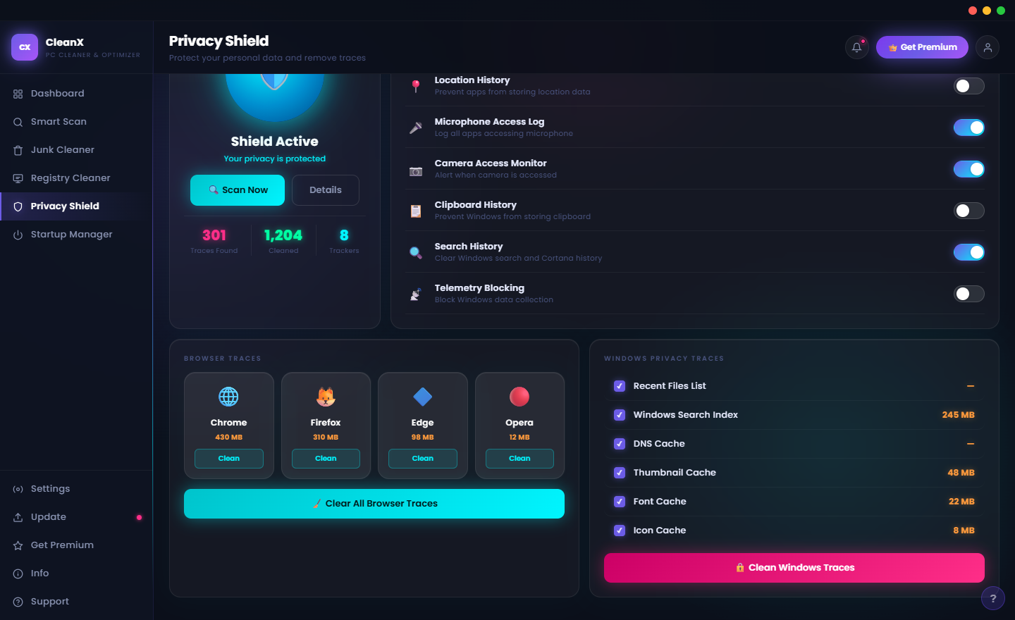 CleanX Privacy Shield browser data section showing browser history, cookies, cache and saved passwords cleanup options across detected browsers