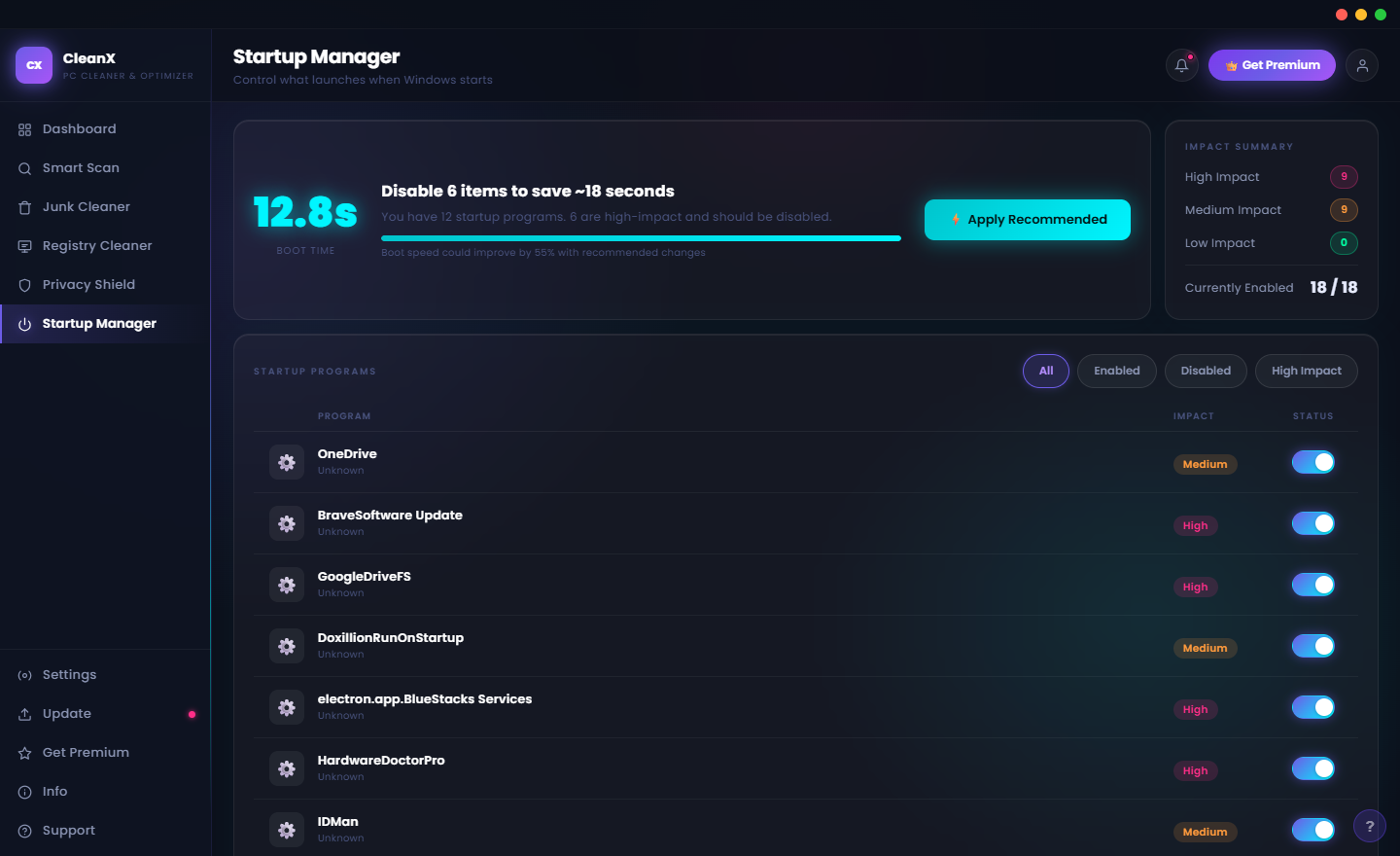 CleanX Startup Manager showing current startup time 12.8 seconds, disable recommended applications count, impact summary and startup application list with Enable/Disable toggles and impact ratings