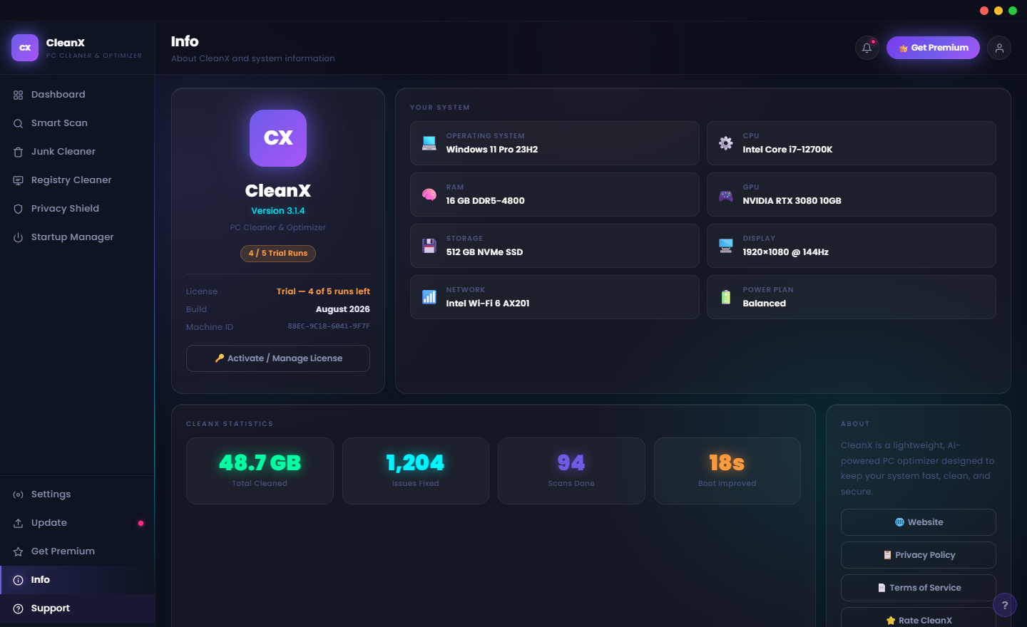 CleanX Reports tab showing optimization history with dates, operations performed, space recovered and issue counts for each session