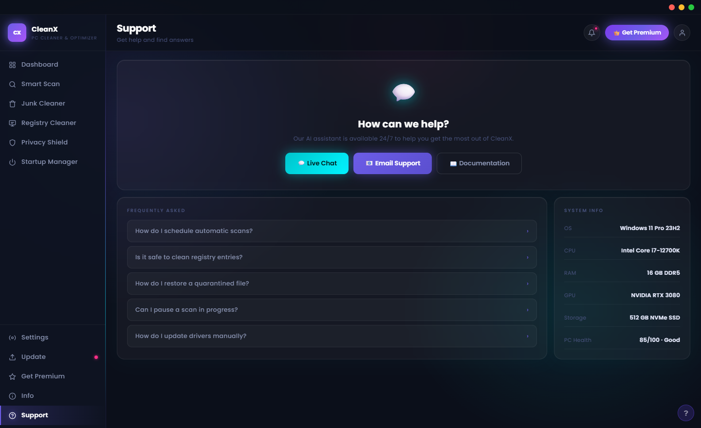 CleanX Settings showing notification preferences, scan scope options, exclusion lists, theme selector and language settings